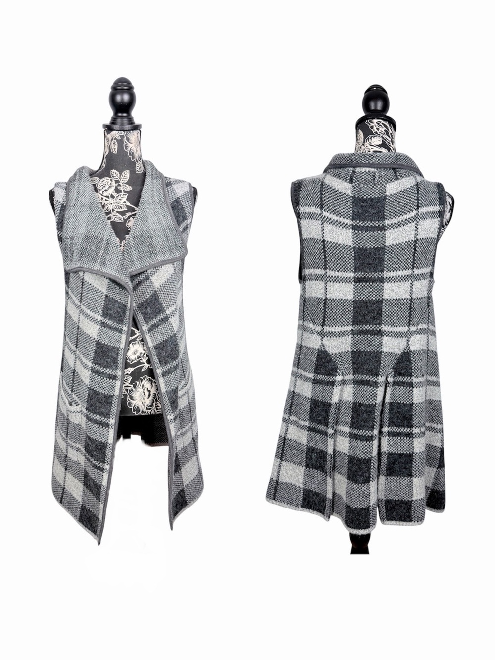 Yaira grey plaid print long cover up sleeveless vest cardigan size medium